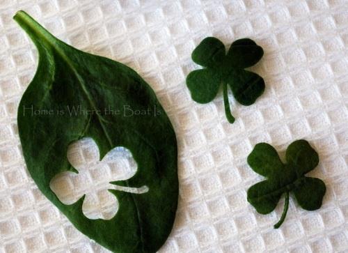 Trevos feitos de folhas de espinafre para decorar pratos. Use perfurador de papel em forma de trevo( vendido em algumas papelarias)